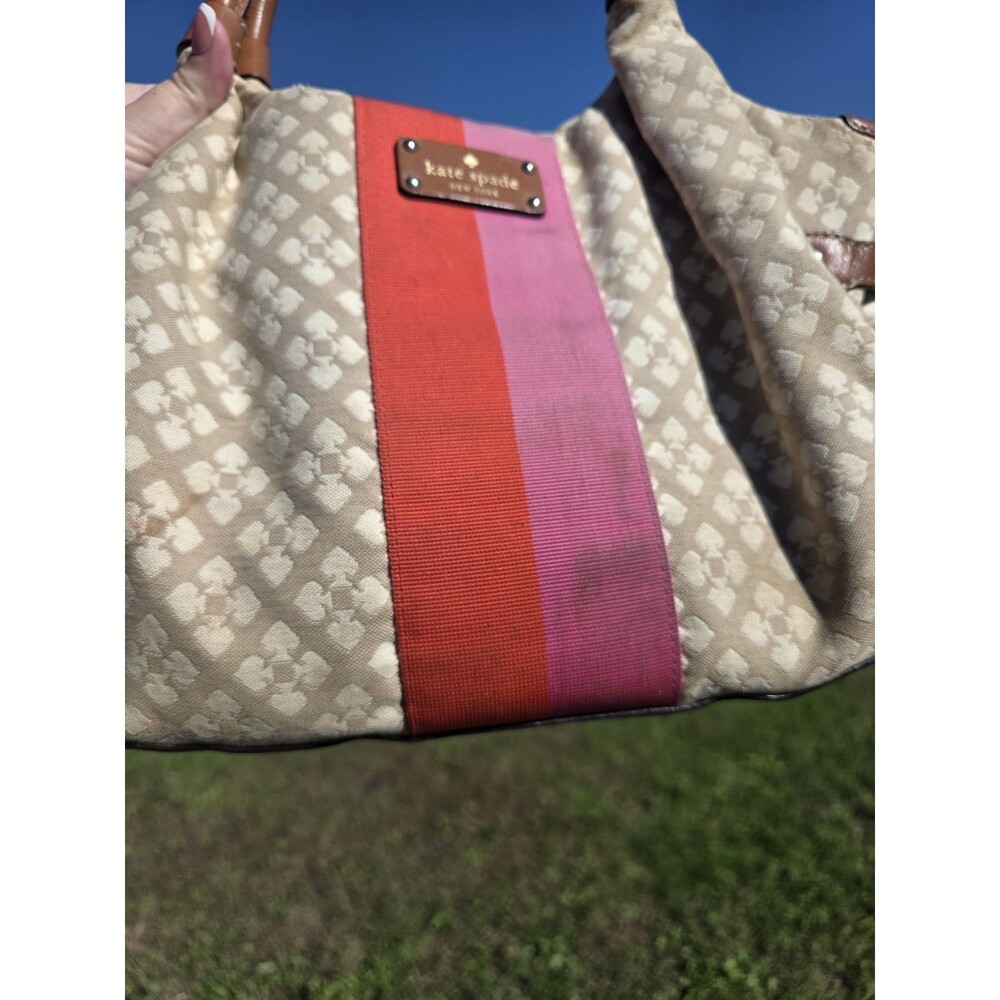 Kate Spade New York Beige Jacquard Logo Satchel Zip, Brown Leather Handles - Picture 7 of 12